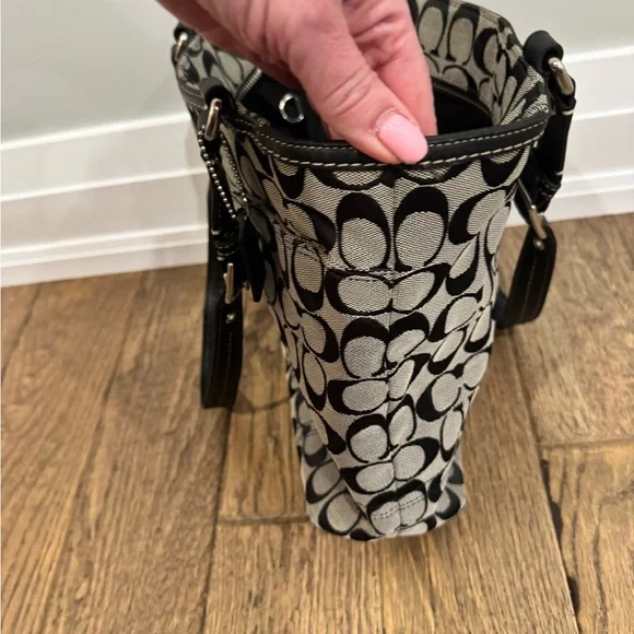 Coach Black & Grey Signature Canvas Tote with Leather Trim - Picture 5 of 10